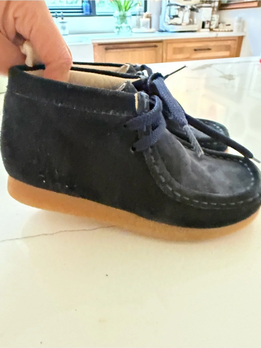 Kids Clark Wallabee Navy Suede Moccasin Ankle Boots